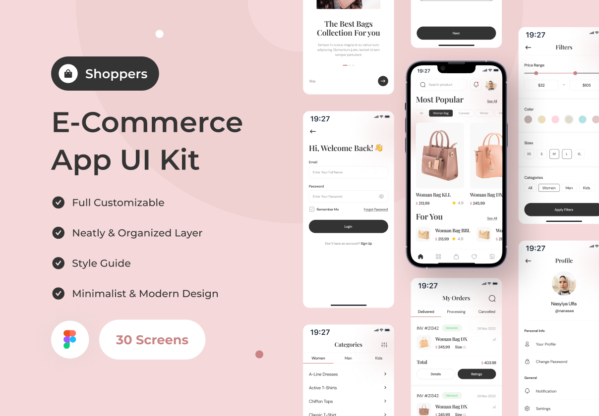 高端打球鞋包/女装电商APP UI模板电子商务应用UI Kit (Shoppers – E-Commerce App UI Kit)