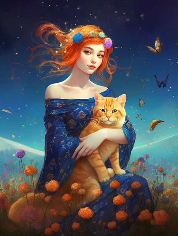 Midjourney关键词-少女和她的猫