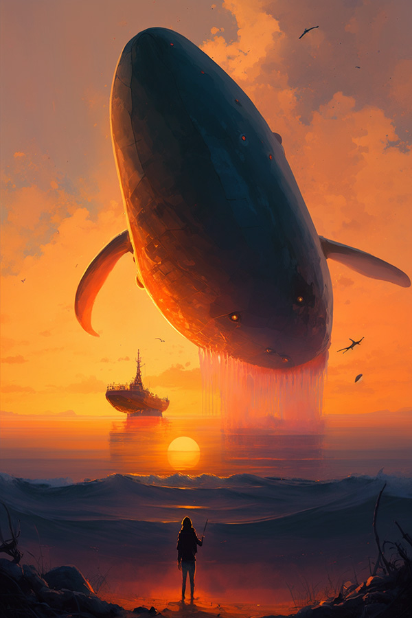 Midjourney关键词-日落中的鲸鱼