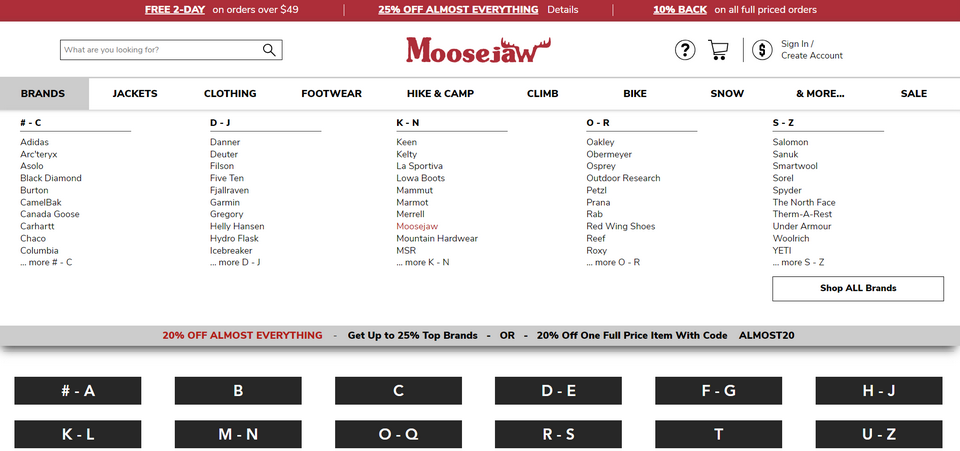 Moosejaw的大幅菜单页面